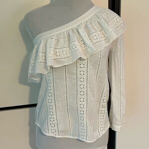 $295 Veronica Beard Cruz Eyelet One Shoulder Top Ruffle White Blouse